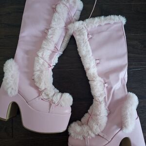 pastel pink lace up faux fur boots
